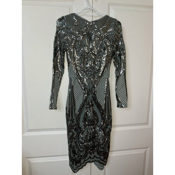 Betsy & Adam Sequin Bodycon Cocktail Dress Womens 6 Blue Gunmetal Silver Holiday - Picture 6 of 13